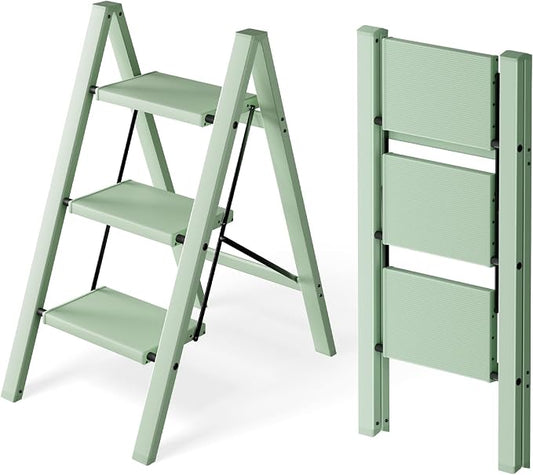 HillhutApex Aluminum Step Stool Foldable,3 Step Ladder (Pale Green) | Lightweight Portable step ladder with Anti-Slip Wide Pedal,330lbs Capacity Ladder for Household,Office,Kitchen