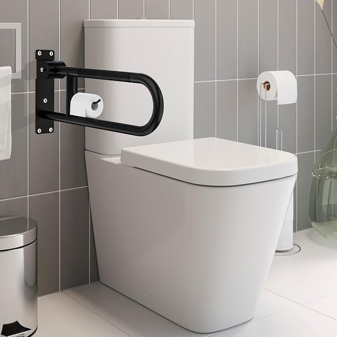 Toilet Grab Bar 24 Inch, YuanDe Flip Up Grab Bar with Paper Holder | Matte Black Anti-Slip Safety Bars for Toilet, Stainless Steel Knurled Toilet Handles for Seniors Disabled Elderly Pregnant