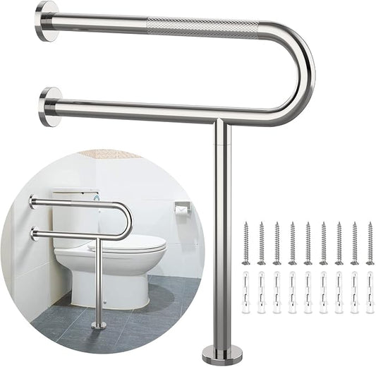 Toilet Support Rail 24x28 Inch, Munzong Anti-Slip Chrome Handicap Grab Bar | Stainless Steel Knurled Safety handrails with Leg for Bathroom Elderly Disabled Pregnant-1.25’Tube