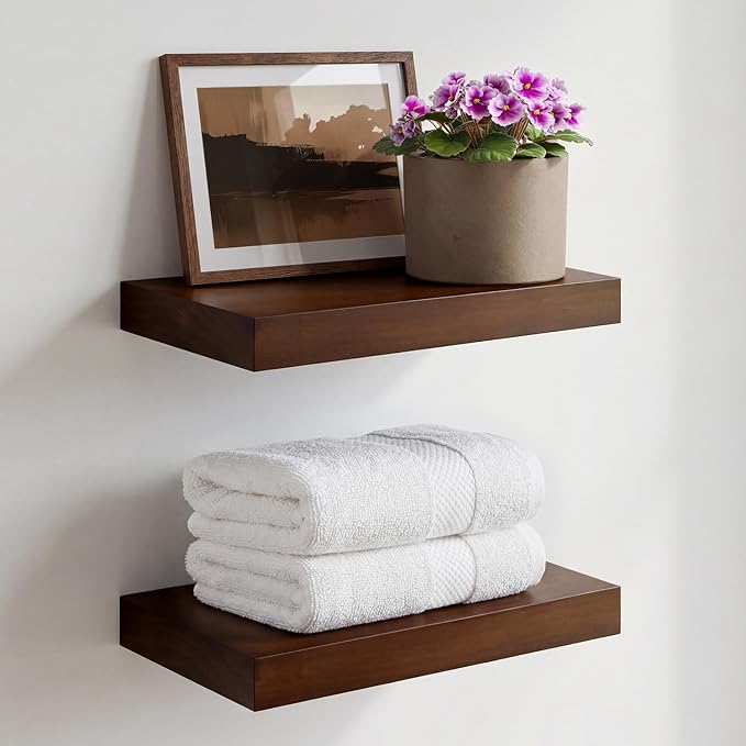 Walnut 12 inch Floating Shelf, High End Solid Real Wood Small 12inch Floating Shelves for Wall Mounted, Dark Brown 12in Floating Shelves, Heavy Duty Bracket, 12 X 6.5 X 1.75 inches, Set of 2