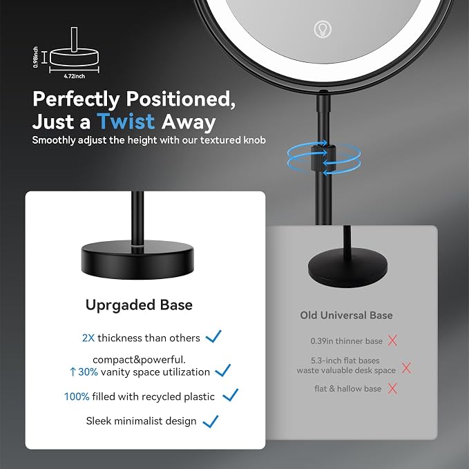 Nicesail LED Lighted Makeup Mirror Tabletop, Black 8 Inch 10X Height Adjust | 10X Magnifying Mirror with 3 Color Lights, Brightness Height Adjustable, 15''~19'' Double Sided Touch Switch Desk Mirror