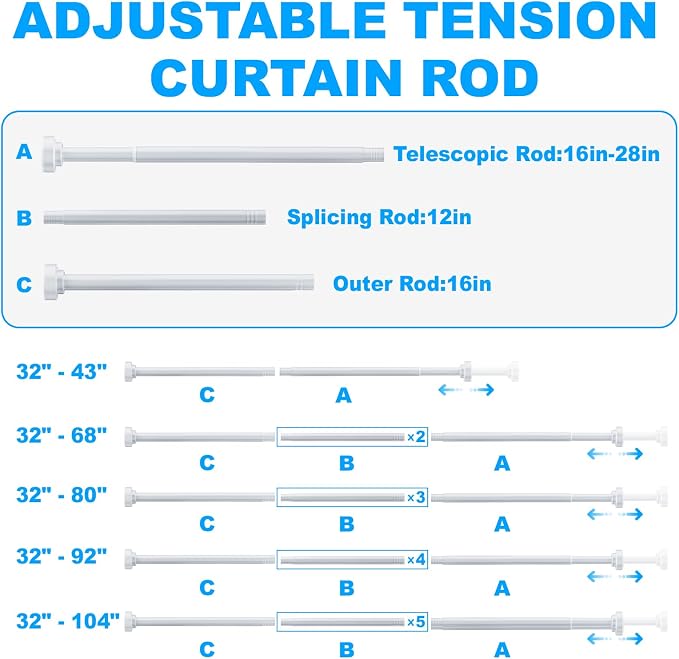 TEECK Shower Curtain Rod, 32-80 inch Adjustable Spring Tension Curtain Rod, Never Rust Anti-Slip Shower Curtain Rod for Bathroom, No Drilling, Never Collapse, Easy to Use, White