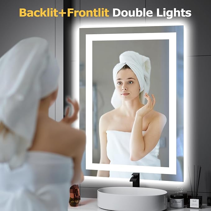 Hivone 24X36 LED Bathroom Mirror with Lights, Anti-Fog, Dimmable, Backlit + Front Lit, Smart Bathroom Vanity Mirror, Memory Function, Shatterproof, Tempered Glass (Horizontal/Vertical)