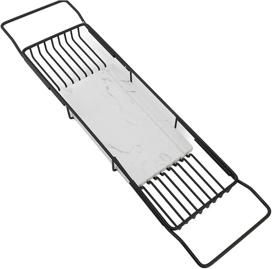 Marhynchus Metal Marble Bathtub Rack, Bathtub Caddy Tray Stainless Steel Shower Caddy Tray with Extending Sides, Bathroom Trays (Black White)