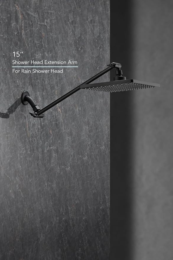 15 Inch Extra Long Adjustable Shower Head Extension Arm With Locking Set Screw, Singing Rain 304 Stainless Steel Angle Height Adjustable, Easy Install, G1/2 Universal Connector Compatible (Matt Black)