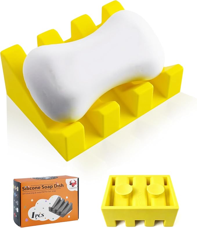 Soap Dish Holder for Shower with Suction Cup, Silicone Soap Holder & Saver Self-Draining Bar Soap Dish Keeps Soap Dry for Bathroom, Kitchen, Bathtub (Yellow,1-Pack)