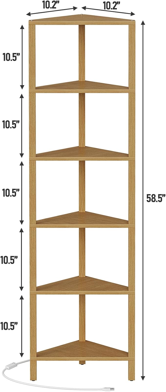 TUTOTAK Corner Shelf with LED Light, 6-Tier Corner Bookshelf | for Small Space, Narrow Display Corner Shelf Stand with Storage Rack, for Living Room, Bedroom, Natural BS05BN006L