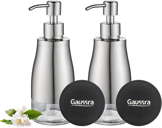 Gaussra 2 Pack Soap Dispenser with Coaster and Stickers - 11 OZ / 320 ML | Stainless Steel Case Glass Liner Hand Pump Dispenser, Refillable Lotion Hand Soap Dispenser for Bathroom and Kitchen - Silver