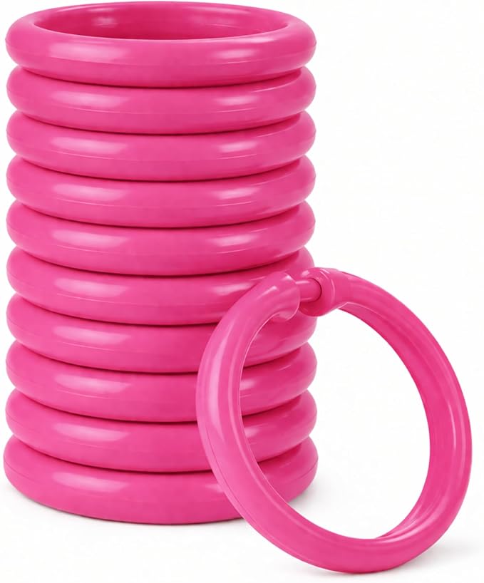 12 Piece Plastic Basic Locking Round Hook Easy Gliding Shower Curtain Rings Fits All Standard Size Shower Rods (Neon Pink)