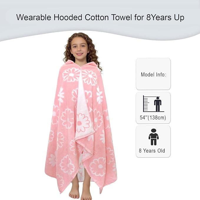 VOOVA & MOVAS Big Kids Hooded Towel Wrap, 8+, 100% Cotton, Thick,Daisy | Floral Daisy Jacquard, Soft, Absorbent & Quick Dry, Ideal for Girls’ Bath, Beach and Swim