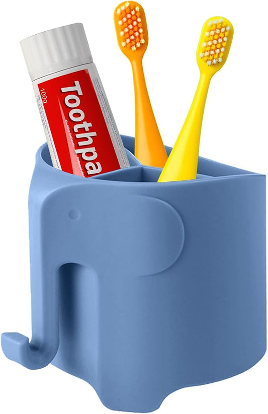 Elephant Toothbrush Holder for Toddler, Suction Cup Cute Toothbrush Holder for Kids, for Bathroom, with 3 Slots and 1 Hook, Sky Blue