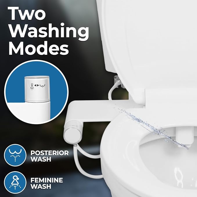 Rear & Feminine Right Handed Ultra Thin Bidet Attachment for Toilet with Self Cleaning Dual Nozzles - No Wiring Needed - Easy DIY Install - Includes Hybrid Brass 3-way T with ON/OFF & Travel Bidet