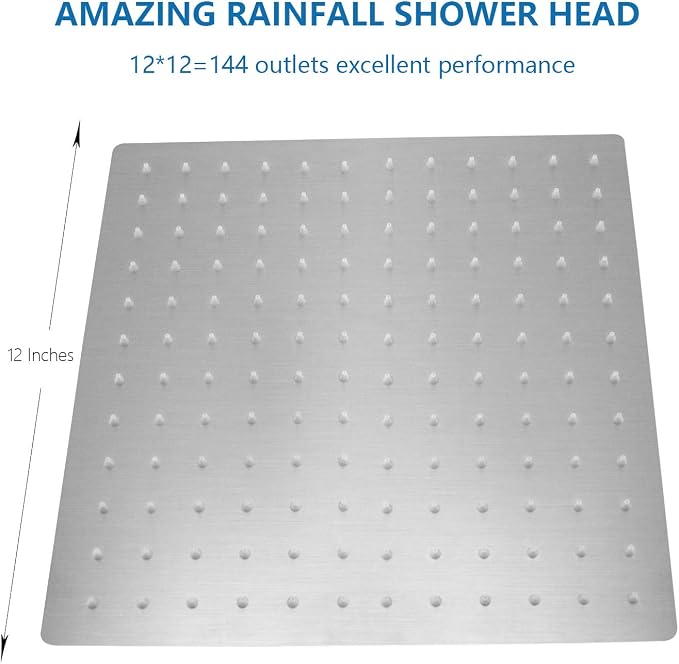 NearMoon Rain Shower Head, High Flow Stainless Steel Square Rainfall Shower, Waterfall Bath Shower Body Covering, Ceiling or Wall Mount (12 Inch, Brushed Nickel)