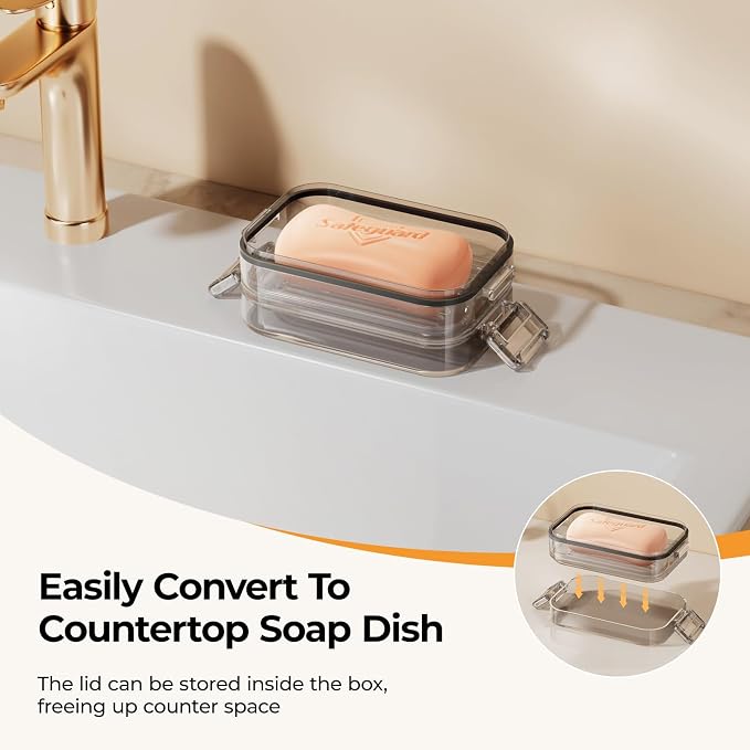MOPMS Travel Soap Case, Leakproof with Clasps & Silicone Seal for Traveling | Soap Holder Travel Case with Drain Tray for Gym, Bathroom, Portable Travel Soap Container Fits Most Soaps, Durable PC, Grey