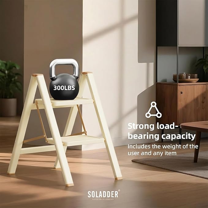 2 Step Ladder, Folding Step Stool, Cream Chocolate | Wide Anti-Slip Steps and a Foldable, Space-Saving Design for Adults to Use in Kitchens, Closets, Library,300 lbs