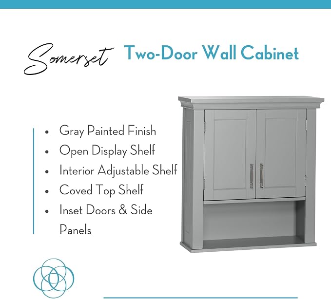 RiverRidge Somerset Two-Door Bathroom Storage, Gray Wall Cabinet, Grey, Set 1 | Open Display Shelf, Adjustable Interior Shelf, Two-Tone Handles, Space-Saving, Laundry Storage