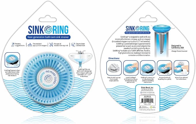 SinkRing Bathroom Sink Drain Protector & Strainer for Pop-Up Stoppers, Aqua | Easy snap-in design. Precision clog-free trap prevents loss of earrings, jewelry or contacts. Fits 1.37" - 1.57" stoppers.