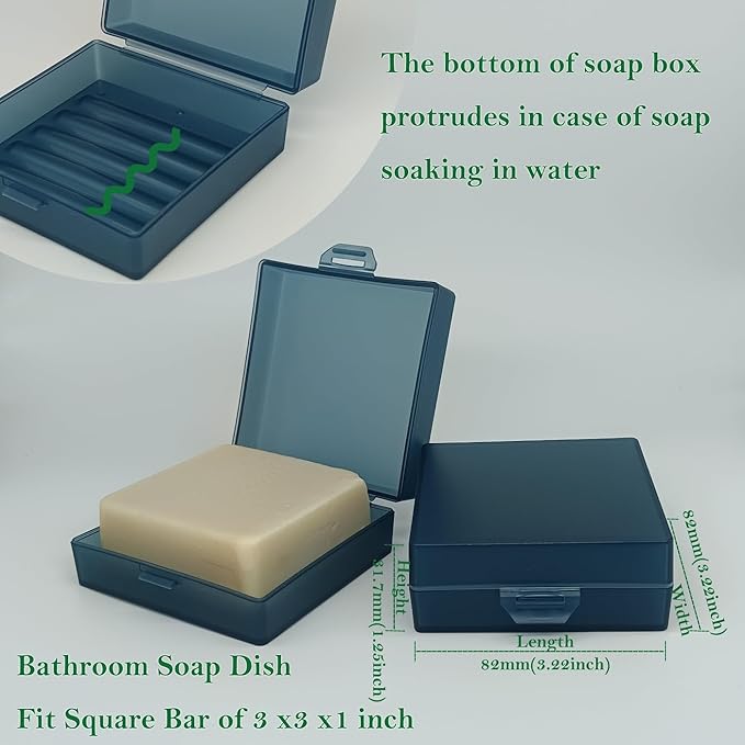 Square Soap Dish Holder for Shower and Travel - Lightweight Waterproof Container With Lid for Dr. Squatch Men's Bar - Toiletry Box for Gym and Bathroom (Blue)