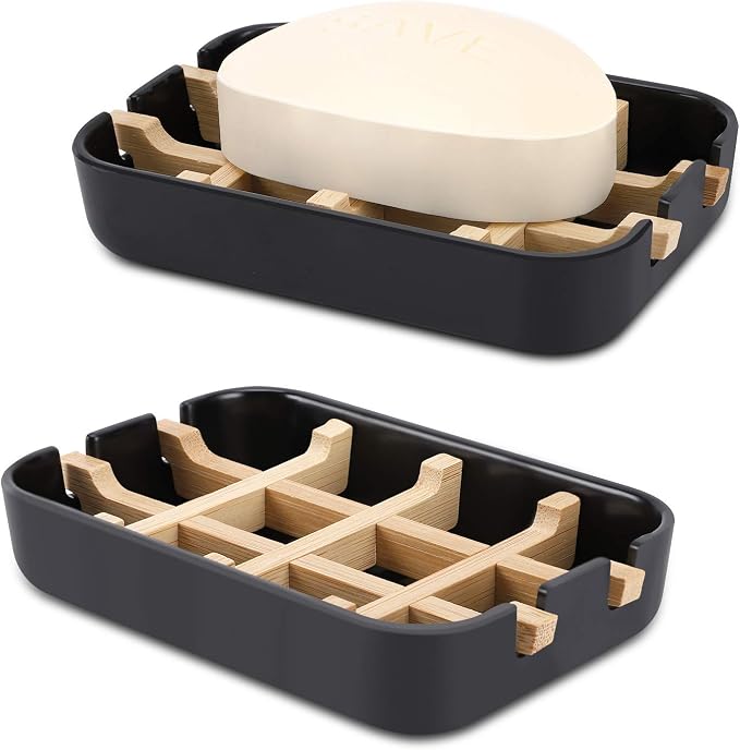 Bamboo Wooden Soap Dishes for Bathroom Bar Soap Holder Shower Soap Holder Sink Deck Bathtub Shower Tray (Two Pieces Black)