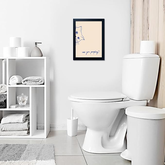 Are You Pooping Bathroom Sign Cat Toilet Decor Funny Bathroom Wall Art Framed Blue Cat Canvas Print Poster Minimalist Animal Painting