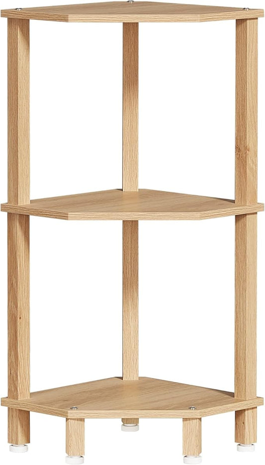 YUFAM 3-Tier Corner Shelf, Natural | Wooden Small Corner Table with Sturdy 5-Leg Base, Wooden Corner Bookshelf for Adjustable Base for Bathroom