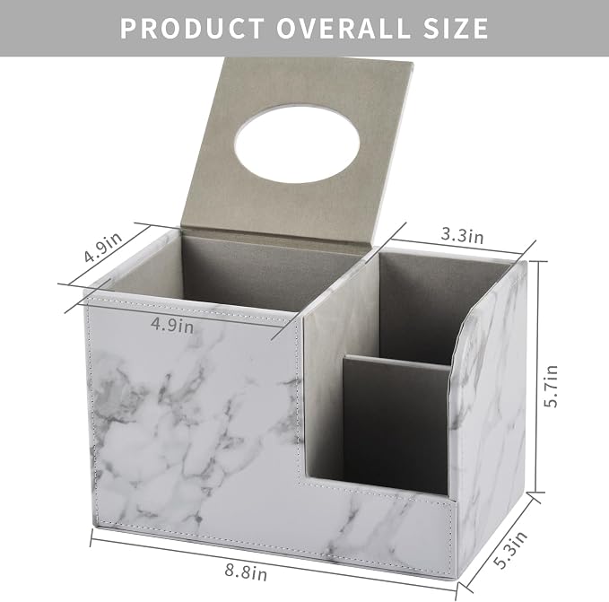 PU Leather Tissue Box Cover Square-Multifunctional Bathroom Tissue Box Holder/Organizer with 2-Compartment,Remote Control Holder,Decorative Tissue Box Covers Cube,Home Office Desktop Storage box,White