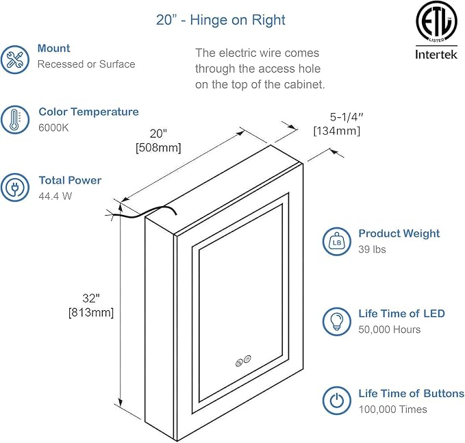 BLOSSOM Recessed or Surface LED Lighted Mirror Medicine Cabinet with Lights, LED Medicine Cabinet with Defogger (20x32/Right Hinge) | Bathroom Storage Cabinet, Medicine Cabinets Organizer, Vanity Mirror with Storage, Recessed/Surface Mount, Adjustable ...