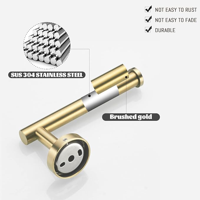 Gold Bathroom Hardware, Toilet Paper Holder Towel Ring and Robe Hook Brushed Gold Bathroom Accessories Set Wall Mount 3 Pieces Stainless Steel1