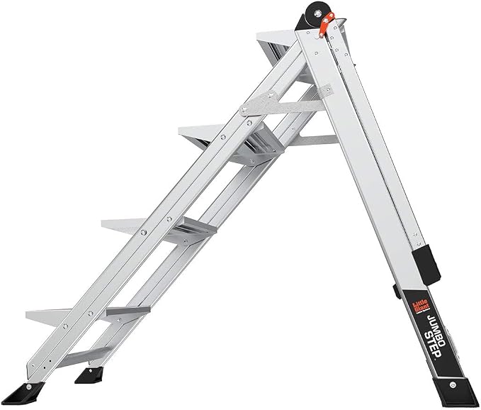 Little Giant Jumbo Step 4-Step Foldable 2.9 ft Aluminum Stool, 11904 | Foldable Aluminum Step Stool, Extra-Wide Stair-Like Treads, Rotating Handrail, Tool Tray, 375 lbs. Weight Capacity