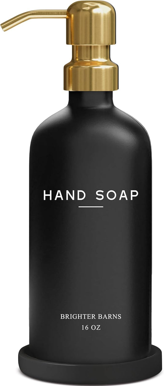 Luxury Glass Hand Soap Dispenser Bathroom Set by Brighter Barns - Refillable Glass Bottle Set - Hand Soap Dispenser for Black and Gold Bathroom Decor, Vacation Rental, Office, Spa, Hotel (Black/Gold)