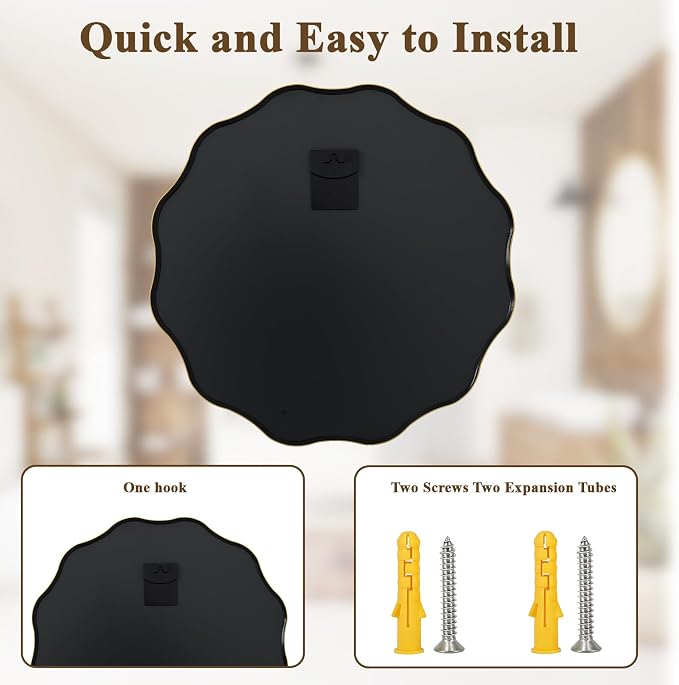 Gold Scalloped Circle Mirror, 20" Wavy Edge Round Wall Mirror | Tempered Glass Textured Circular Metal Deep Frame, Hanging Leaning for Bathroom, Hallway, Entryway, Living Room