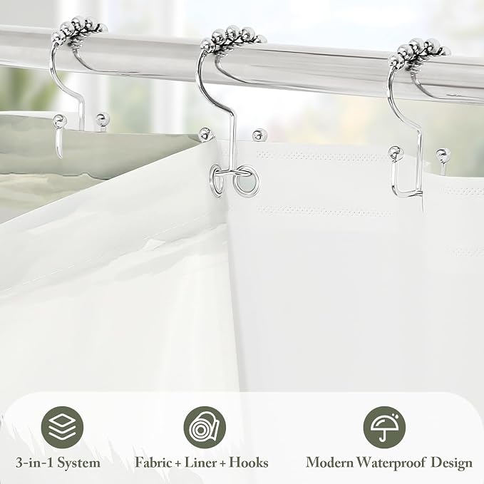 3 in 1 Dark Green Forest Shower Curtain Set, Modern Spring Shower Curtain and PEVA Liner Set with 12 Stainless Steel Shower Curtain Hooks, Waterproof Fabric Shower Curtains for Bathroom, 72 W x 72 H