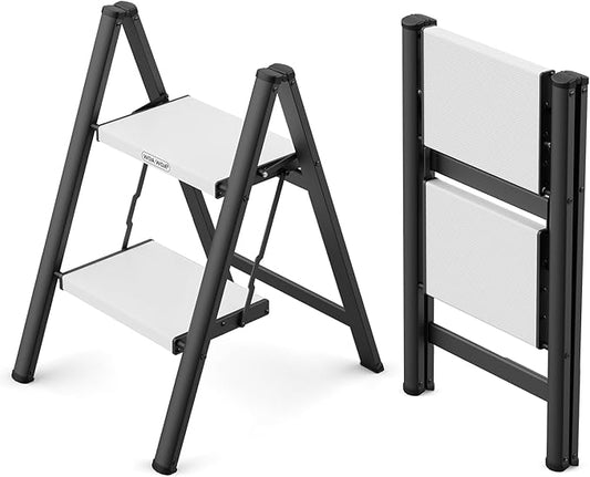 2 Step Foldable Step Stool, 300lbs Load, Black & White | Folded 27''H x 3''T; Net 6.9 lbs; Non-Slip Feet: Wood/Tile/Carpet; Rigid Aluminum Steps; No Assembly; Ready From Box.