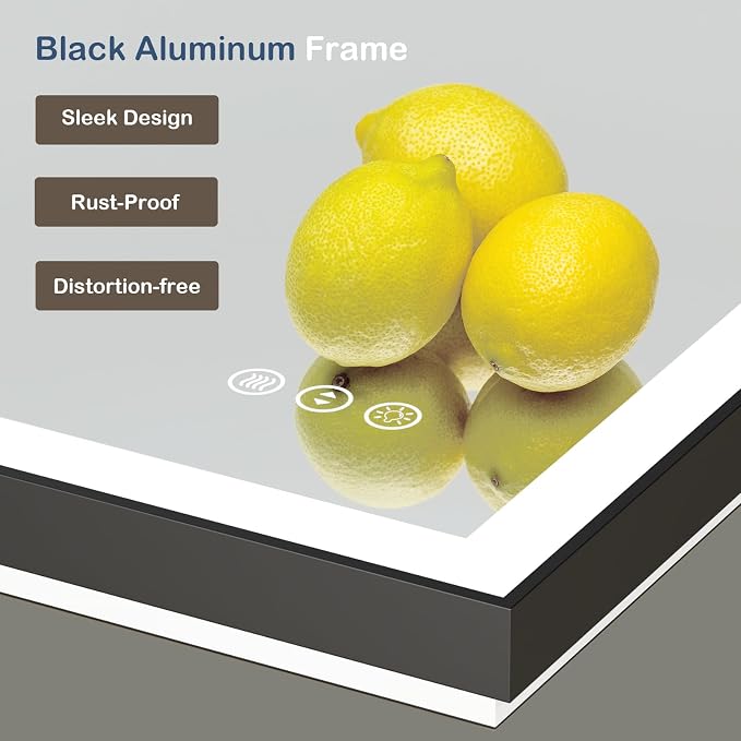 28x32 Inch LED Bathroom Mirror with Black Frame | Black Metal Frame, Front and Backlit, 3 Colors, Dimmable, Memory, Anti Fog, Tempered Glass, Lighted Mirror for Wall