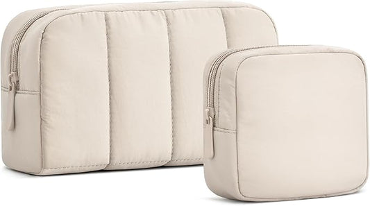 2 Pcs Makeup Bag Travel Toiletry Bag for Women Puffy Padded Cosmetic Pouch Purse Wide-open Makeup Organizer Case Travel Essentials