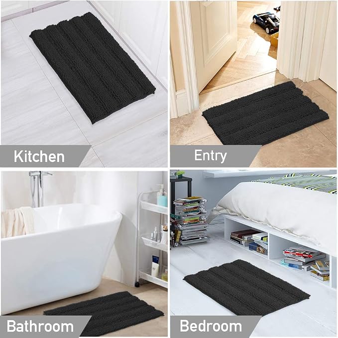 Turquoize Luxury Chenille Bath Rug for Bathroom Rugs Extra Absorbent Bath Mat Non Slip Microfiber Shower Rug for Bathroom Microfiber Shaggy Carpet Rug Size, 20"x 32", Black