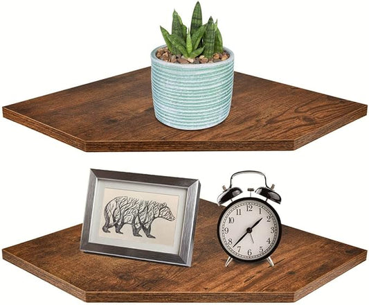 Corner Shelf Wall Mount, Set of 2 Floating Corner Shelf Organizer for TV Accessories, Speaker, Cable Box, Game Console, Storage for Bathroom Kitchen Living Room Bedroom, Rustic Brown