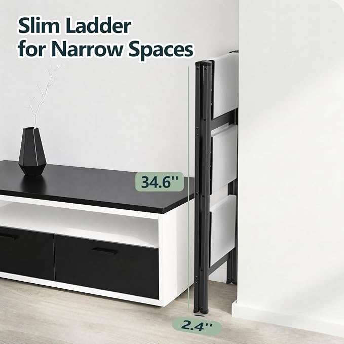 3 Step Foldable Step Stool, 300lbs Load, Black & White | Folded 35''H x 3''T; Net 9.9 lbs; Non-Slip Feet: Wood/Tile/Carpet; Rigid Aluminum Steps; No Assembly; Ready From Box.