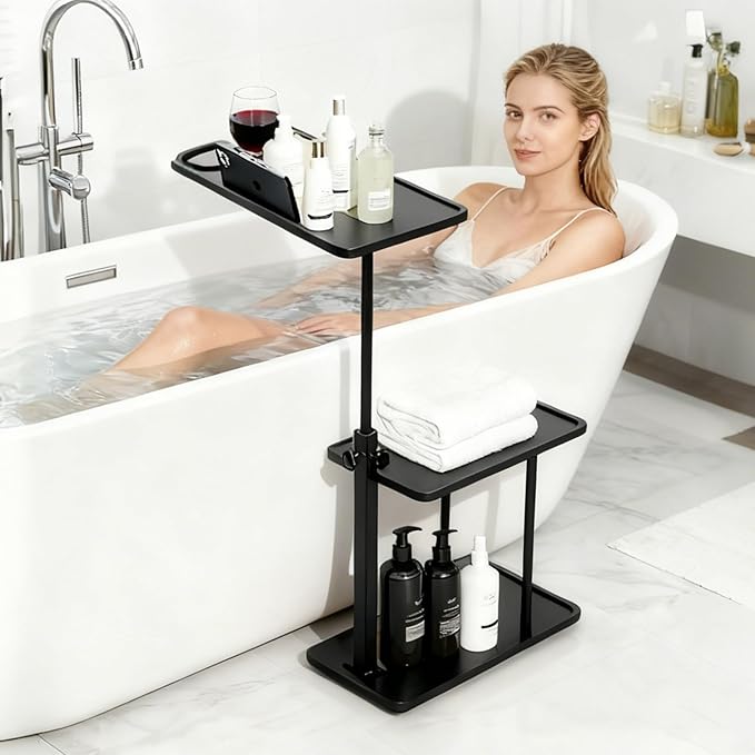 3 Layer Bathtub Tray Table,Bamboo Swivel Bathtub Side Table Height Adjustable,Freestanding Bathtub Tray for Tub Against Wall,Bathtub Accessories&Bathroom Organizer for Luxury Home Spa (Black1)