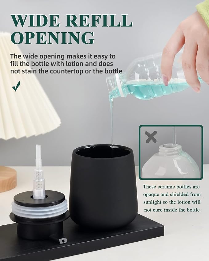 BosilunLife Ceramic Soap Dispenser - Dish Soap Dispenser for Bathroom 12Oz | Refillable Liquid Hand Wash Dispenser for Essential Oil, Lotion Soap, Rubber Paint Black