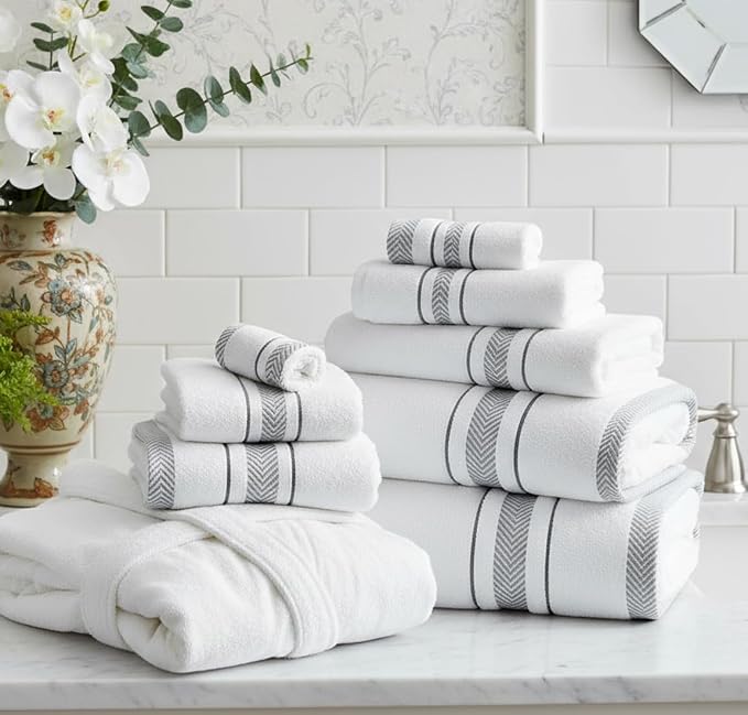 Bath Towels Set for Bathroom – Luxury 6-Piece Cotton Towels, Soft Absorbent & Quick Dry, 600 GSM Bath Towels for Bathroom, Hotel Spa Quality (White/Grey, 2-Bath Towel Set)