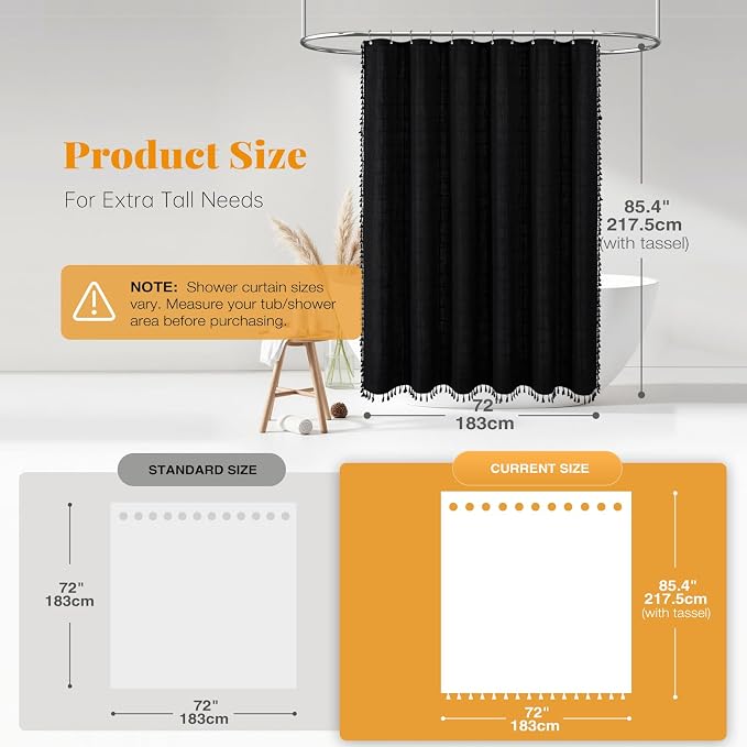 Long Boho Farmhouse Linen Heavy Duty Shower Curtain, 72x84, Black | Tall Size, 330GSM Linen Blend, 3-side Tassels, Water Repellent Fabric, 12 Plastic Hooks, Rustic Bohemian, Machine Washable