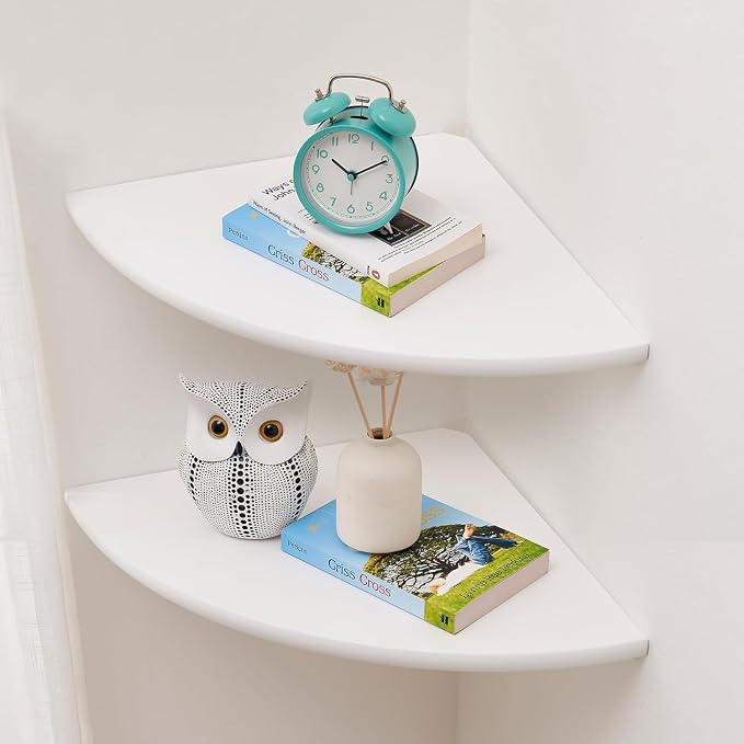 Corner Shelves, Floating Corner Shelf, Set of 2 Solid Oak Wood Wall Shelves, Round End Wall Mount with Wire Hole Shelving for Small Plant for Bedroom Kitchen, Living Room White