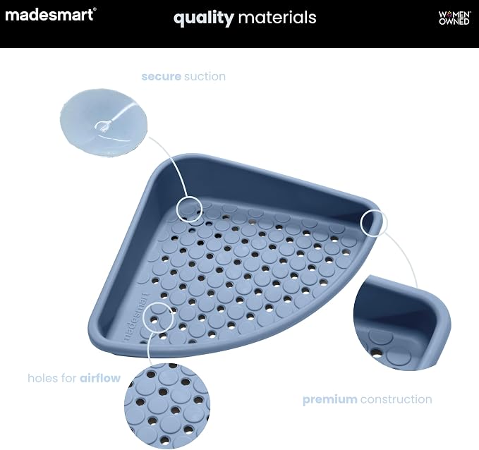 madesmart Bathtub Corner Shelf, Blue | suction cup base, drainage holes, raised edges, shampoo soap razors, bath accessories, woman owned
