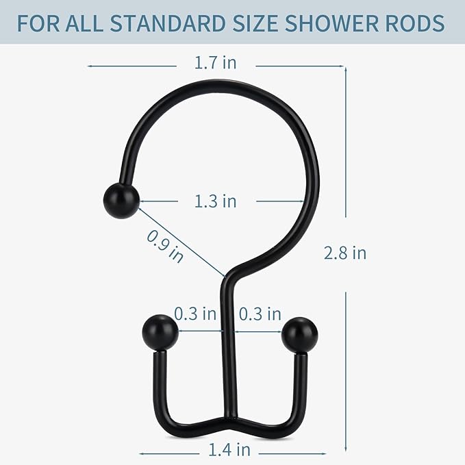 24 Pcs Shower Curtain Hooks, Goowin Shower Curtain Rings, Durable Black Shower Curtain Hooks Rust Proof, Shower Rings for Curtain, Double Glide Shower Hooks for Shower Curtain Rods, Black
