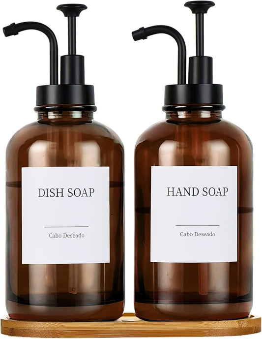 Glass Soap Dispenser with Pump, Dish and Hand Soap Dispenser for Kitchen Bathroom Set, Clear Glass Dispenser Set of 2 Pack with 18 Stickers Funnel Bamboo Tray 500ml 18oz Amber