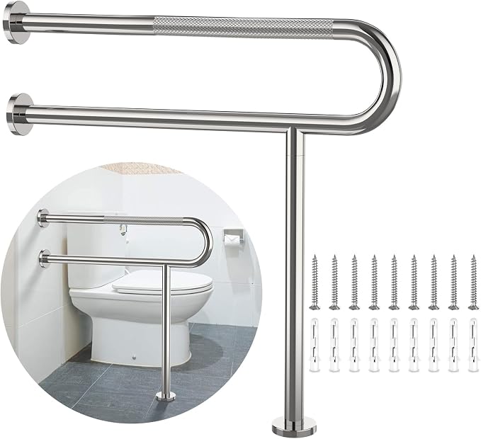Toilet Support Rail 32 Inch, Munzong Anti-Slip Chrome Handicap Floor Rails | Bathroom Stainless Steel Knurled Safety Handrails with Leg for Elderly Disabled Pregnant-1.25’Tube