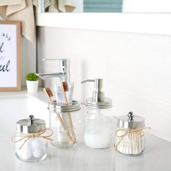 SheeChung Mason Jar Toothbrush Holders, Farmhouse Toothpaste Organizer, 1Pc | Brushed Nickel Glass Electric Tooth Brush Holder for Bathroom Countertop, Removable Stainless Steel Lid, Rustic Vintage Decor