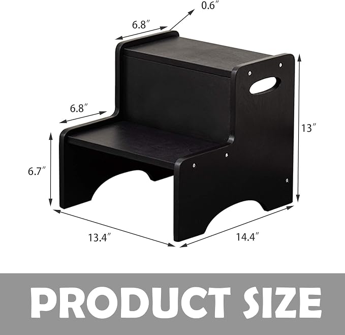 Toddler Step Stool, Wooden 2 Step Stools for Bathroom Sink Potty Training Kitchen Dual Height Stool Helper for Kids Bonus Non-Slip Pads and Handles for Safety (Black)