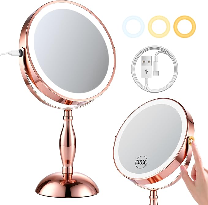 30X Makeup Mirror with Lights and Magnification-Rose Gold 8" Double Sided | Magnifying Mirror, 5000mAh Rechargeable, 360° Rotation, (Side Touch+Side Port), 3 Color Modes, Dimmable Light, for Vanity